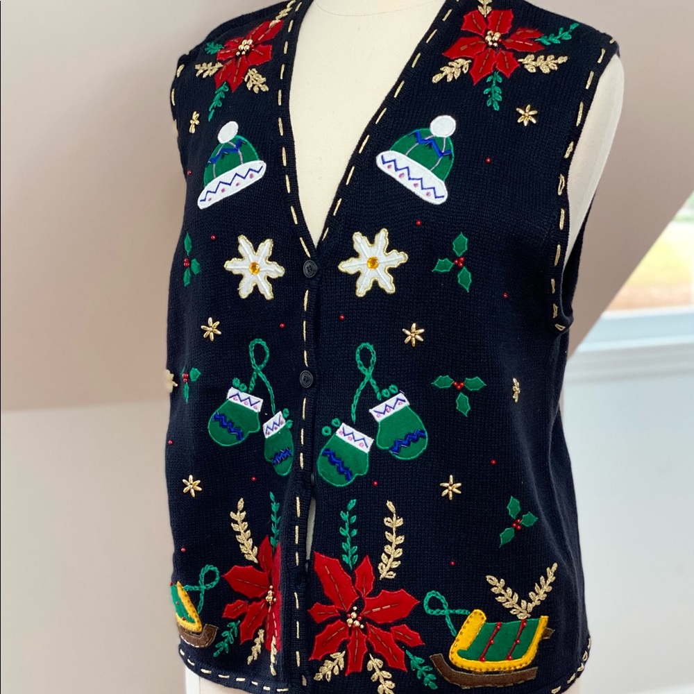 Vintage Black Holiday Mittens Winter Sweater Vest